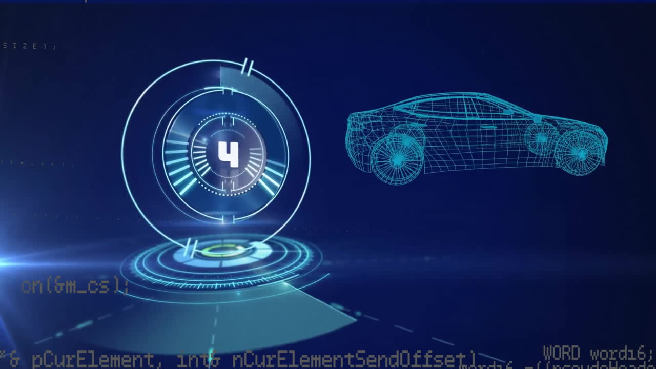 3d 자동차 드로잉의 애니메이션, 암흑 배경에서 카운트다운과 데이터 처리의 범위