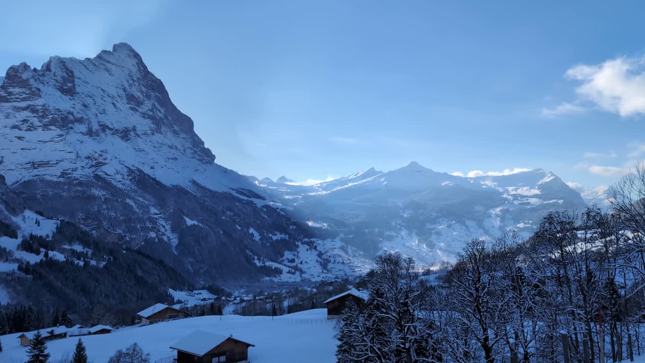Alpine mountain valley in the winter, Grindelwald Switzerland with Eiger mountain