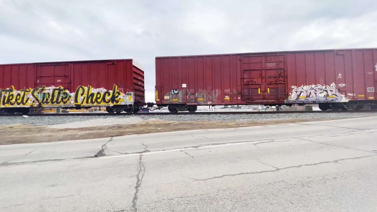 Wagons rouges avec des graffitis filmés par temps couvert.