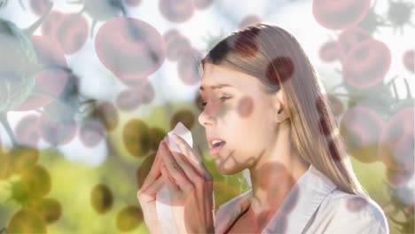 Woman-suffering-from-sneezing-and-bacteria-infection-cells-4k