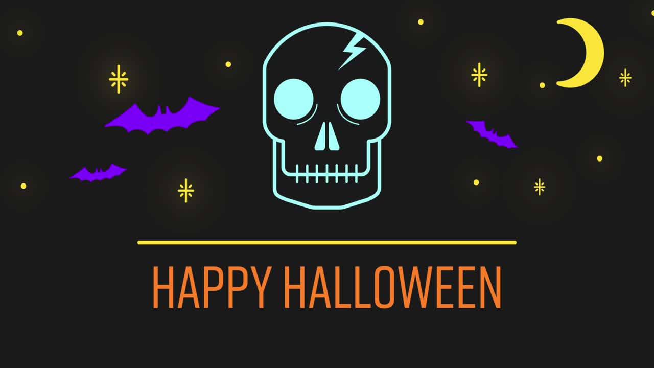 feliz texto de halloween contra el cráneo, murciélagos y luna sobre fondo negro