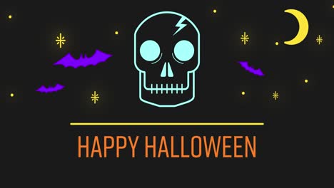 happy halloween text against skull, bats and moon on black background
