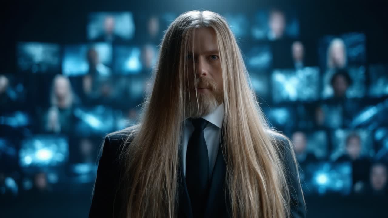A Mysterious Figure with Long Hair and a Suit Stands in Front of a Series of Digital Screens, Creating an Atmosphere of Intrigue and Suspense in a Futuristic Setting