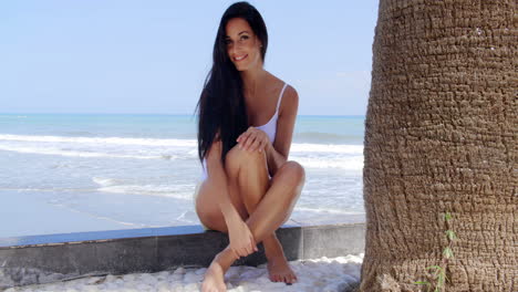 Woman-Sitting-in-Shade-of-Palm-Tree-at-Beach