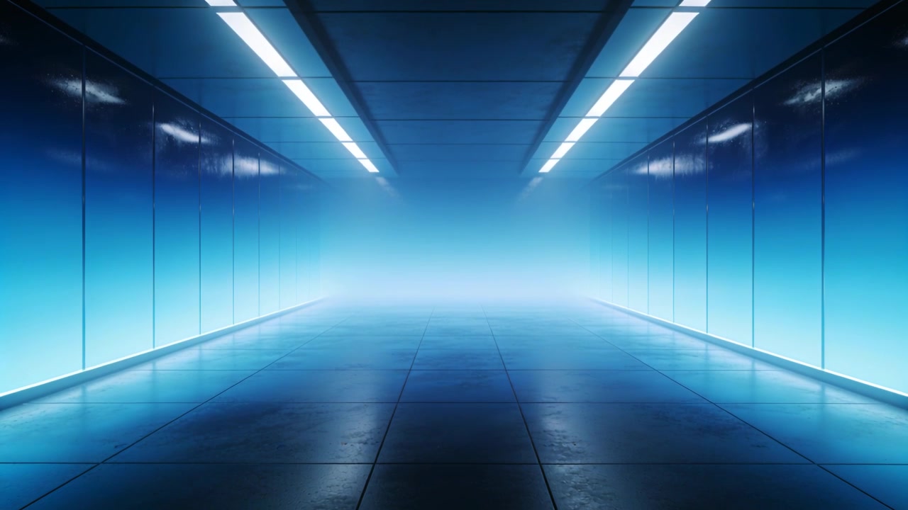Corridoio fantascientifico luminoso che mostra nebbia che si diffonde dall'estremità lontana, ammorbidendo i bordi con riflessi LED