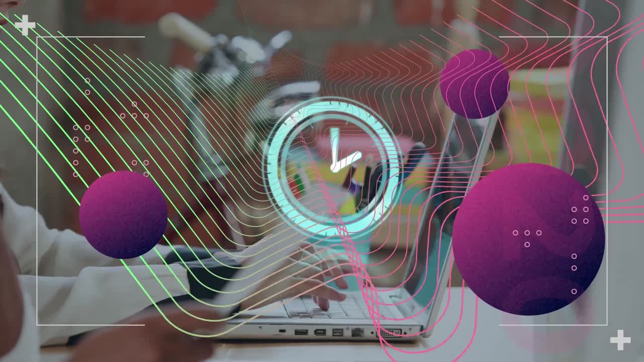 animación de reloj y moléculas sobre la gente studding