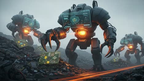 futuristic robotics: advanced machines excavating waste materials and analyzing circuit boards in a high-tech environment, emphasizing innovation and tech evolution