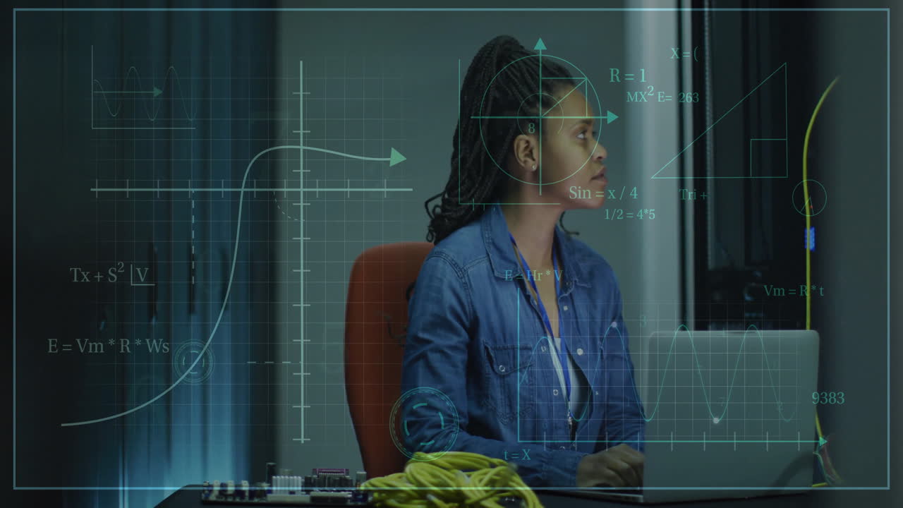 Animation af videnskabelig databehandling over en biracial forretningskvinde, der bruger en bærbar computer