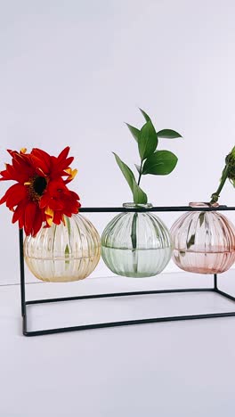 tres exhibiciones de jarrones con flores
