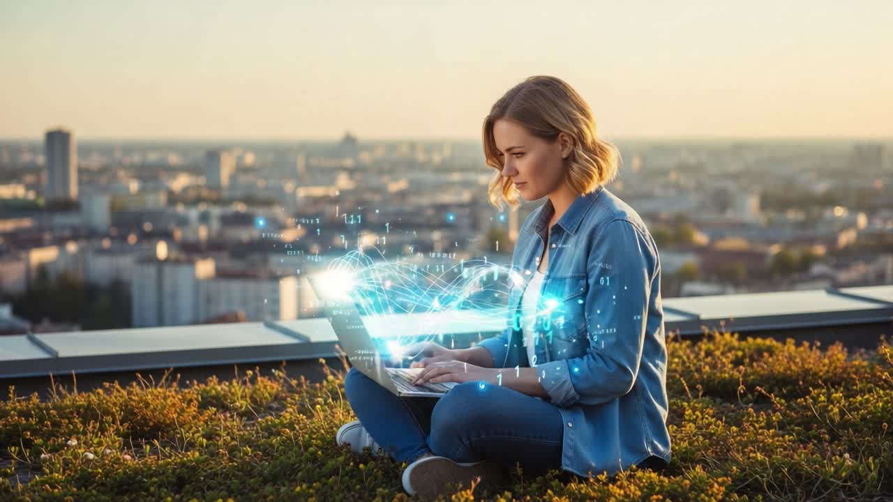A Young Woman Sits on a Rooftop, Working on a Laptop Surrounded by City Views, Illuminated by Digital Effects Representing Data and Connectivity