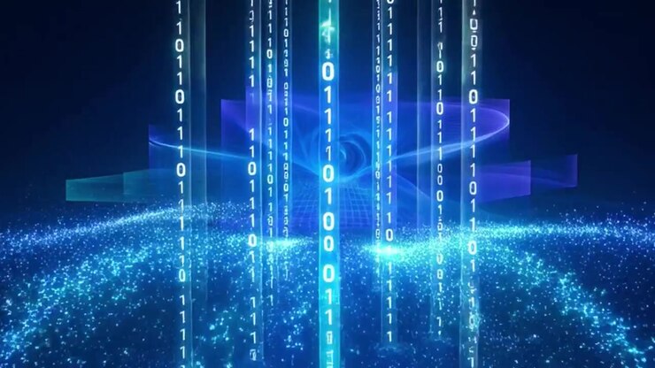 Digitale Binärcode-Ströme fließen durch abstrakten Cyberraum