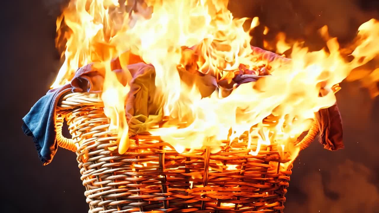 어두운 배경에 불타는 옷으로 가득 찬 바구니