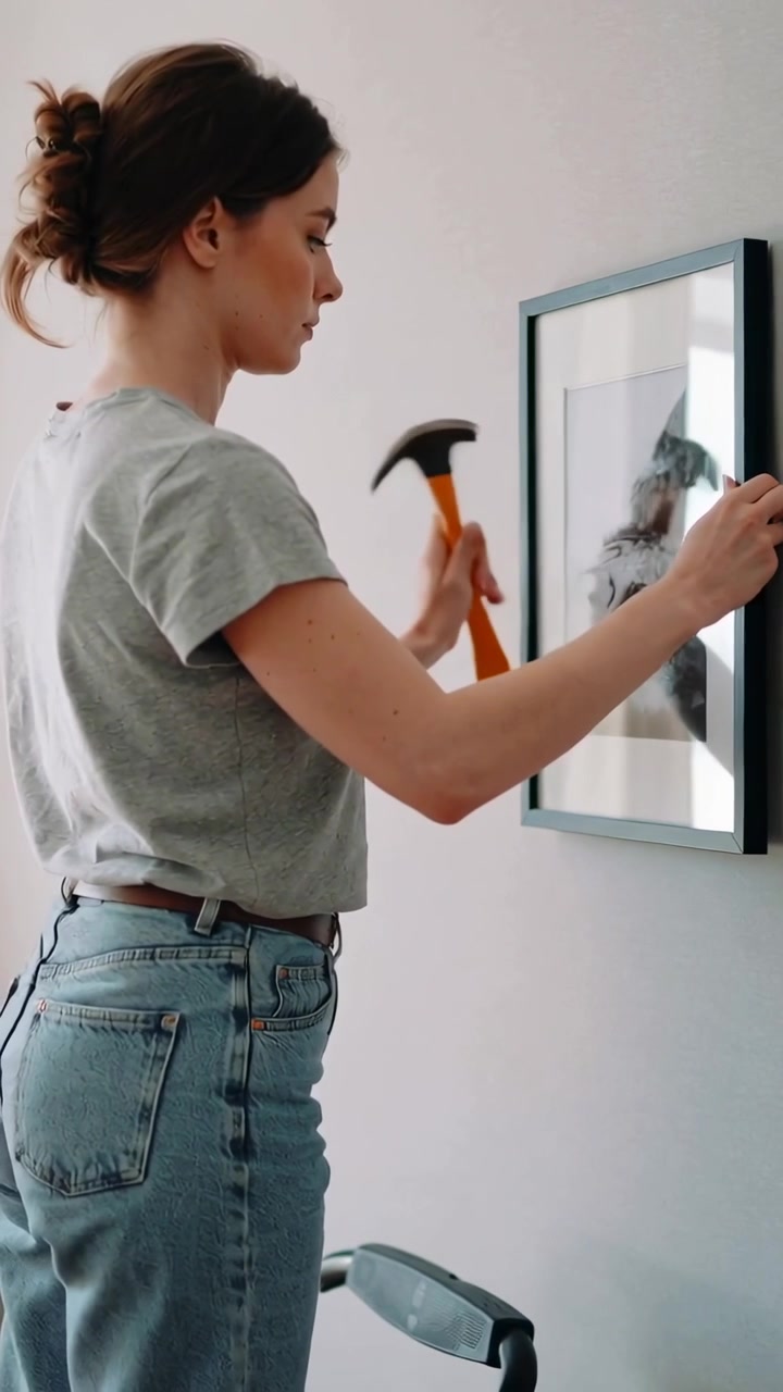 Video verticale: Tenendo un'opera d'arte incorniciata, controllando, donna in maglietta grigia che usa un martello arancione per appenderla a casa