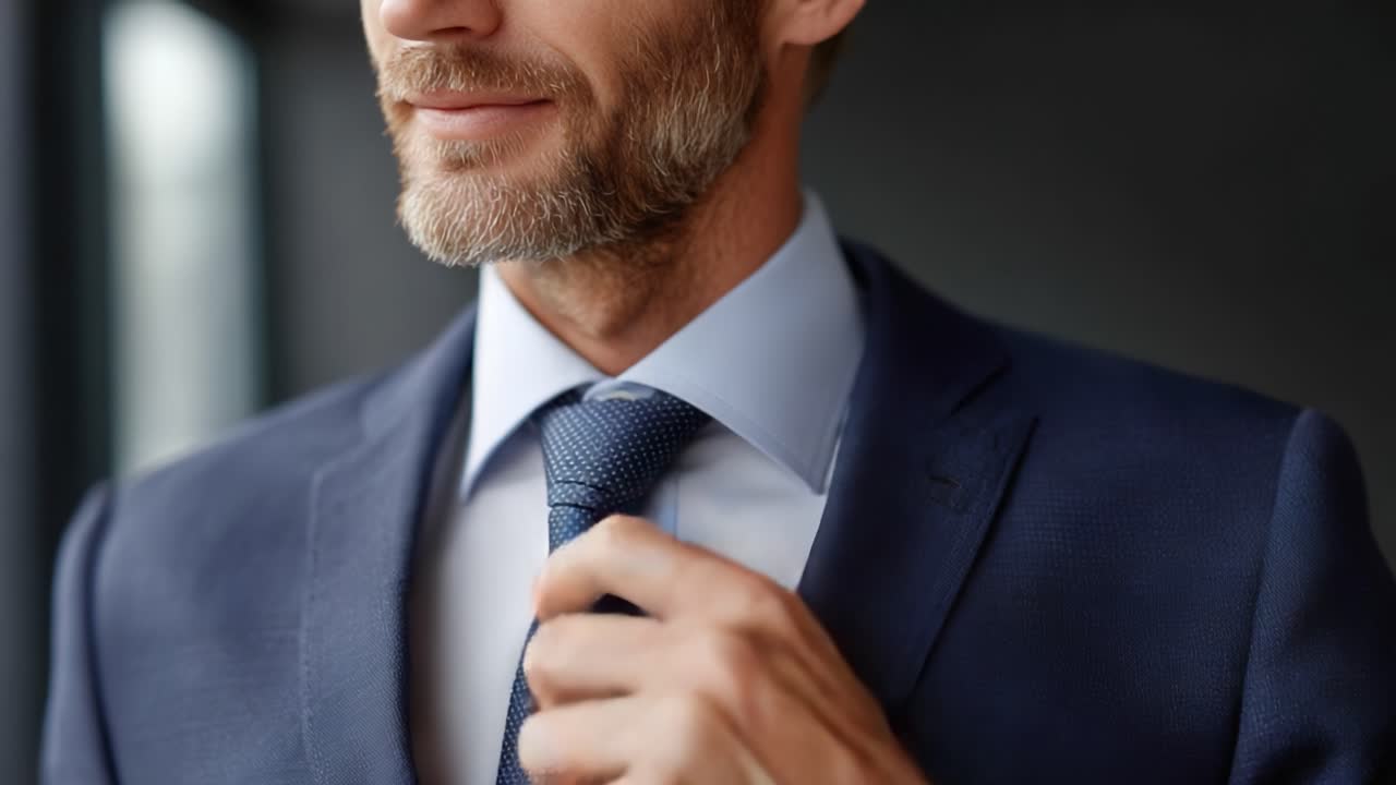 Confident Businessman Adjusting His Tie in a Professional Setting, Exuding Style and Authority in a Tailored Suit with a Focused Expression