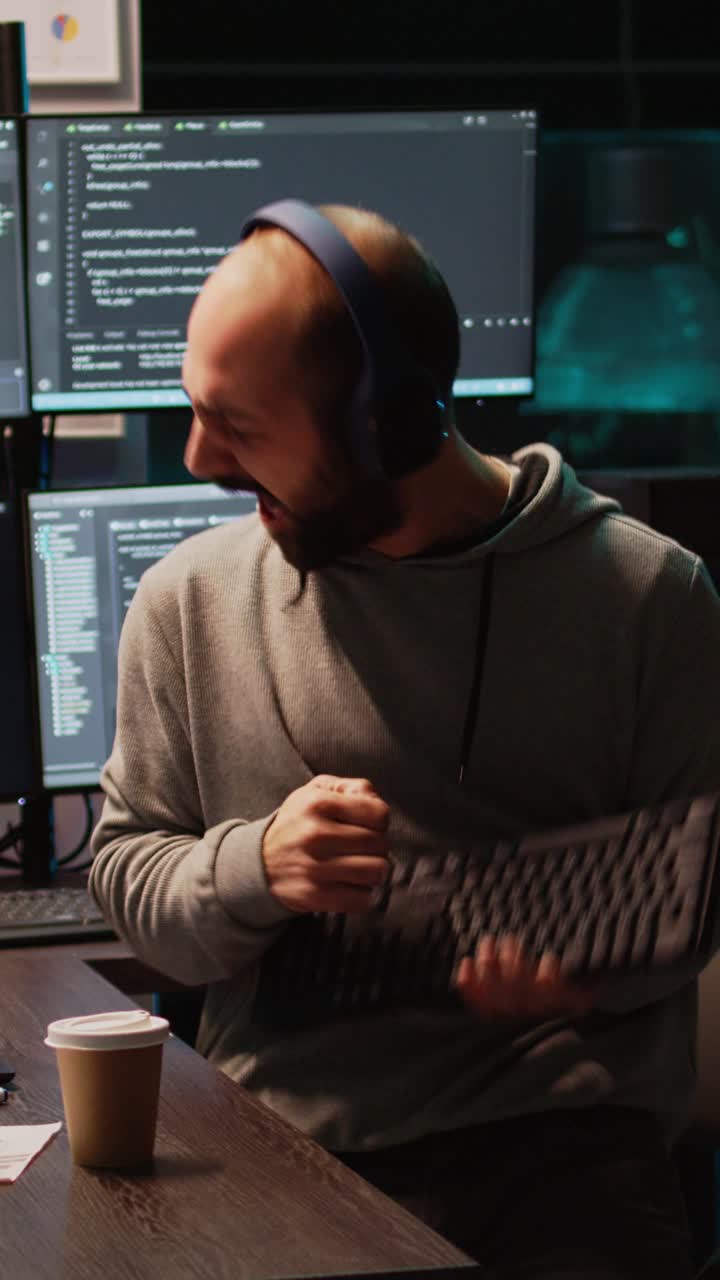 Vertical video: App developer playing air guitar in coding office