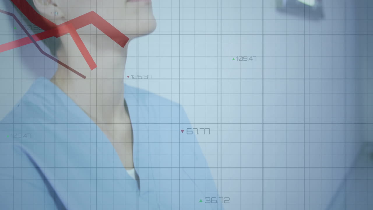 파란색 스크럽을 입은 사려 깊은 의료 전문가에 대한 빨간색 감소 그래프 애니메이션