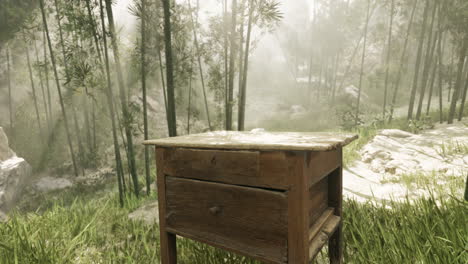 bosque de bambú místico con una vieja mesa de madera