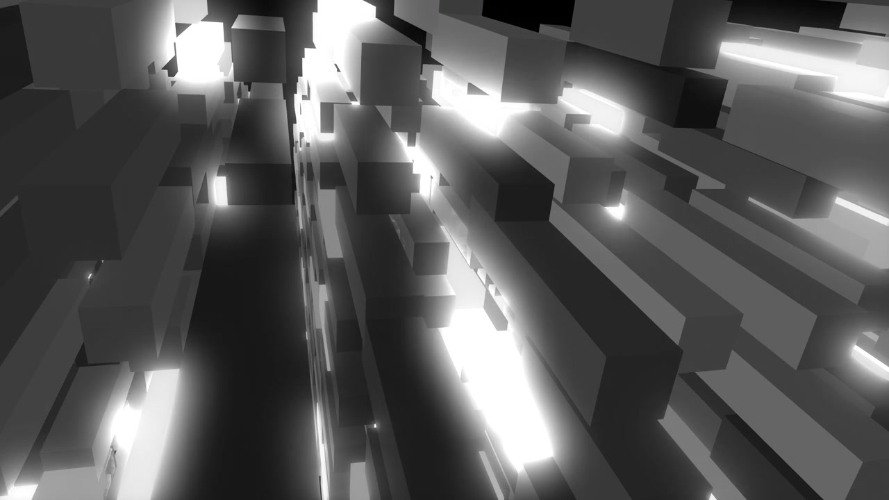 A monochrome 3D architectural animation depicting a rhythmic pulsing corridor of geometric blocks and glowing light elements.