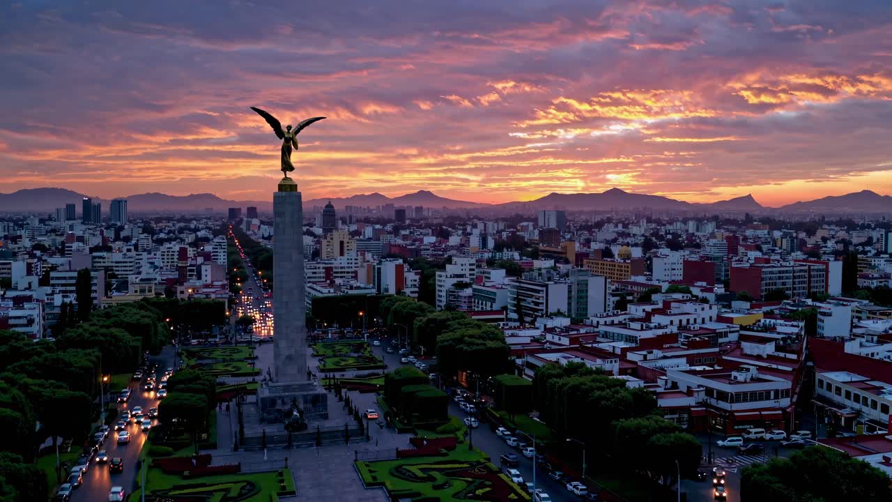 Aerial video captures a cityscape at sunset, highlighting a monument with an angel statue
