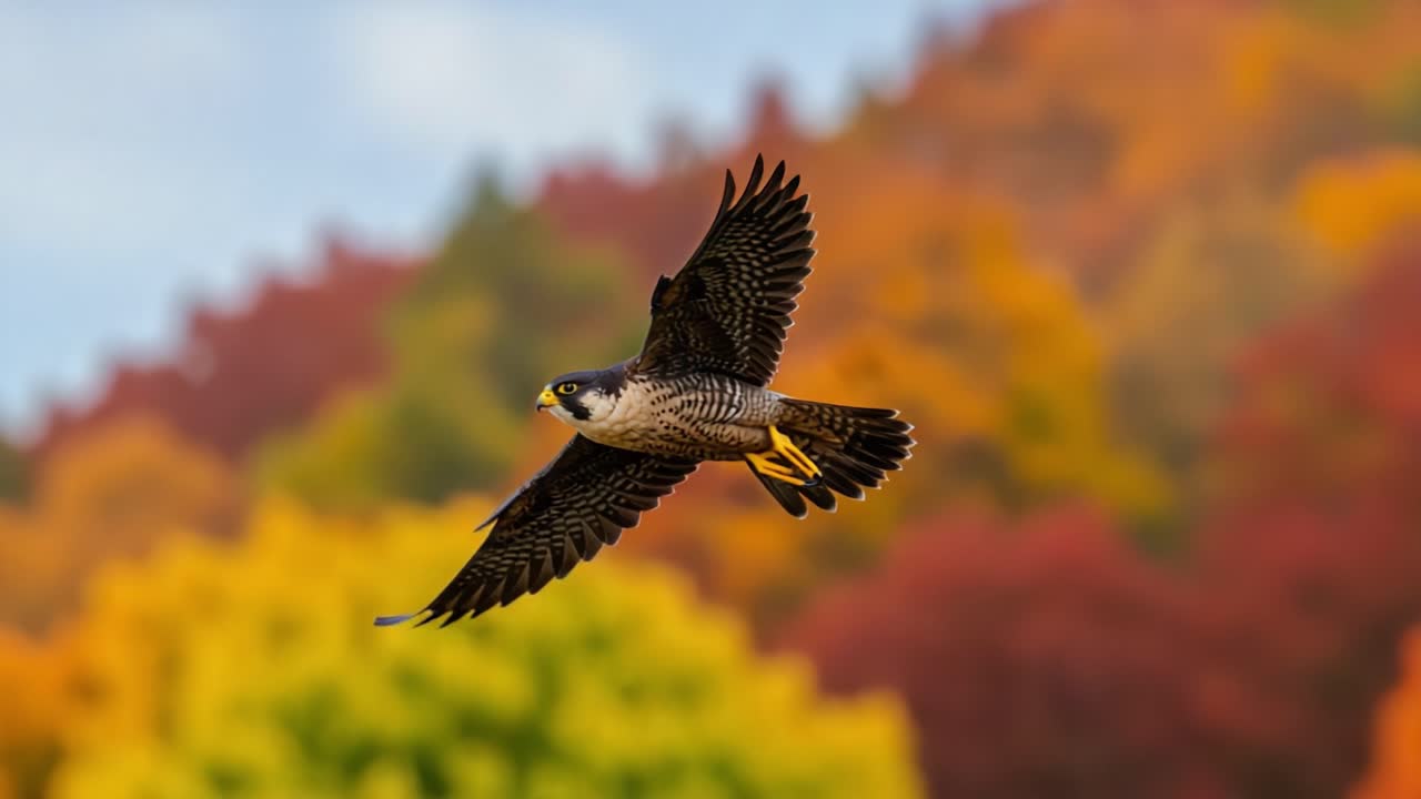 Majestic Peregrine Falcon Soaring Through Vibrant Autumn Foliage in Search of Prey Captured in Two Stunning Frames of Natural Beauty and Wildlife Grace