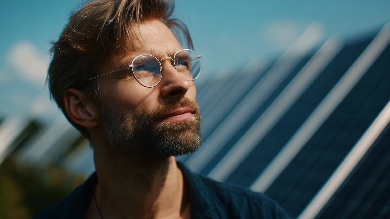 A thoughtful man, with striking glasses and a contemplative expression, stands amidst a backdrop of solar panels, embodying a vision for renewable energy and sustainability in modern living