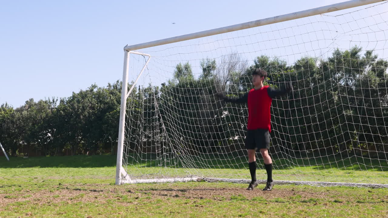 Standing in front of goalpost, soccer player wearing red jersey on field