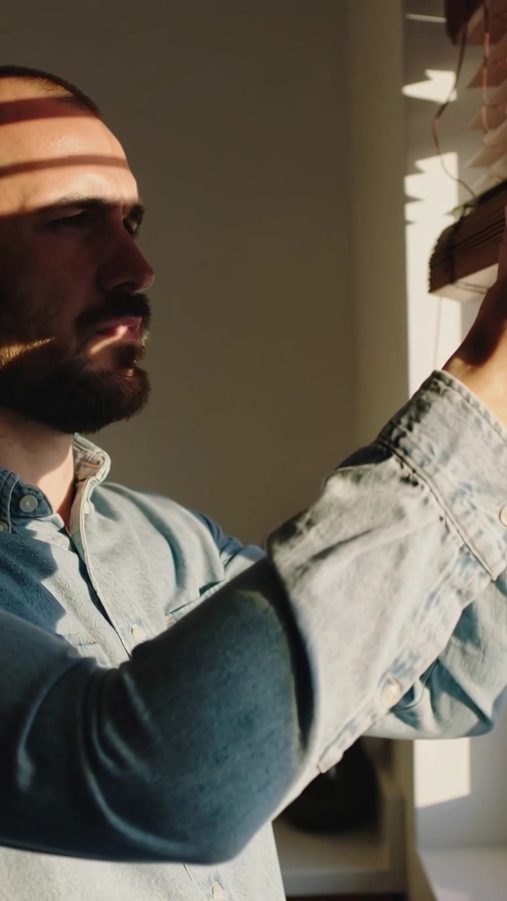 Vertical video: Seeing shadows, man in denim shirt pulling window cord, tilting slats dimming light