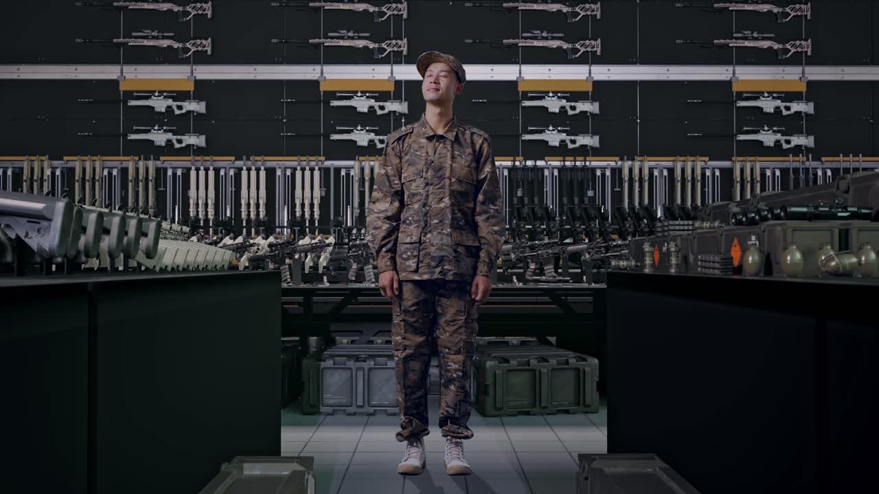 uomo asiatico soldato a figura intera che si guarda intorno in un arsenale militare