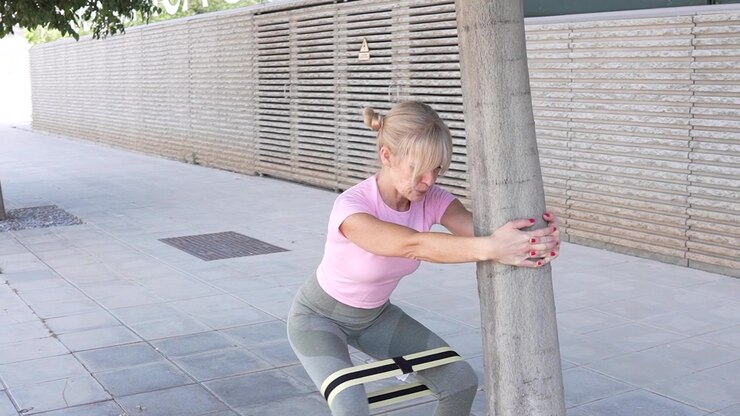 A woman is doing resistance band squats outside using a tree for support during the workout