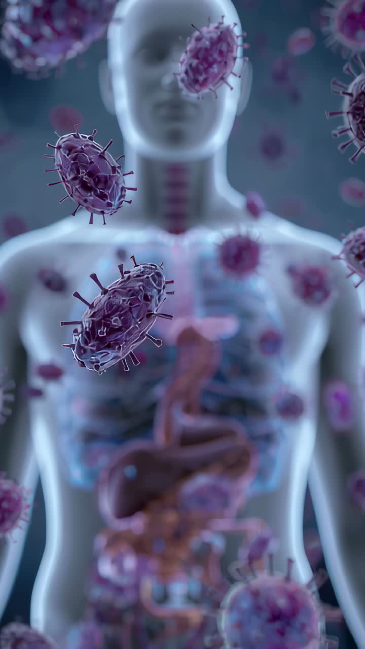 Vertical video: Floating purple virus particles across torso model on screen, showing infection