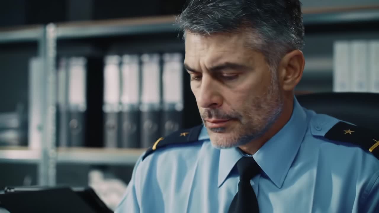 Focused Officer Analyzing Information on a Tablet, Displaying Concentration in a Modern Police Office Setting with Document Files in the Background