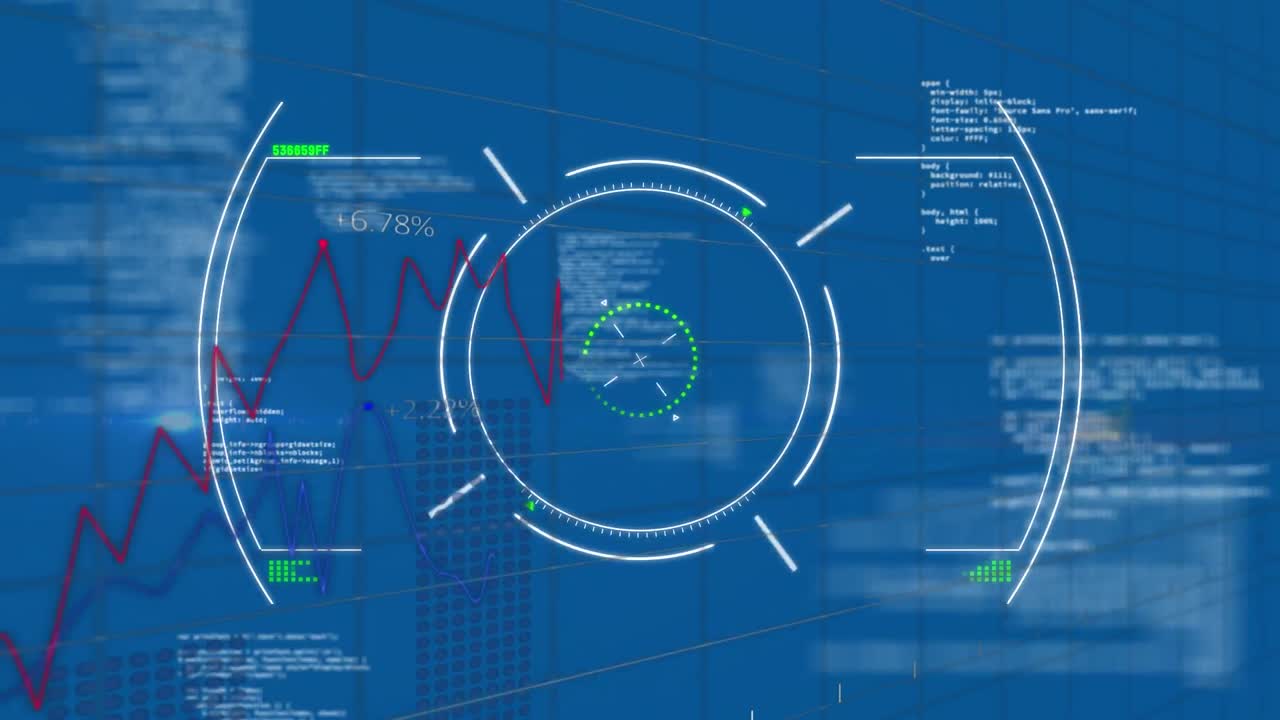 Animation of data processing and scope scanning over statistical data processing on blue background