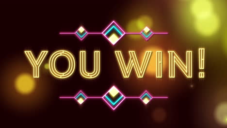 digital animation of neon you win text against golden spots on light on dark background