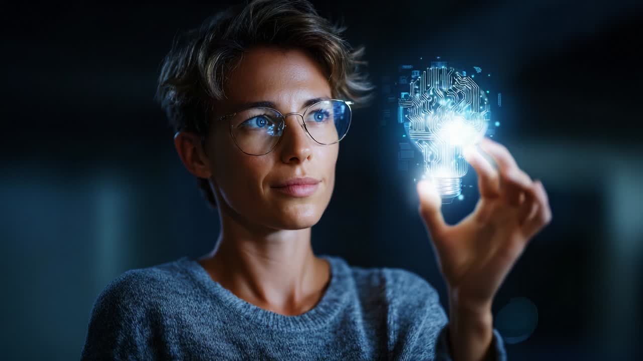 Innovative Young Woman Holding a Glowing Light Bulb Representing Artificial Intelligence and Creativity in a Dark Setting, Demonstrating the Future of Technology and Inspiration in Modern Society