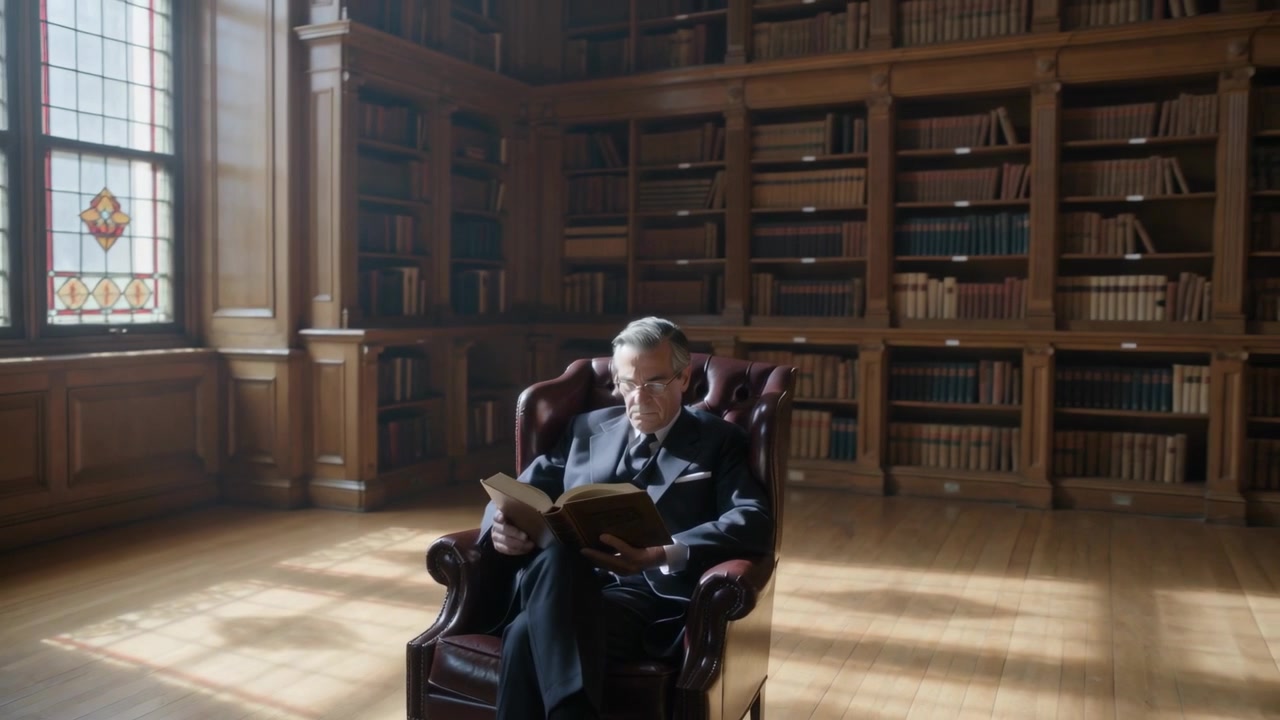 Anziano in abito e occhiali che legge un libro in poltrona, sfogliando le pagine con la telecamera in movimento.