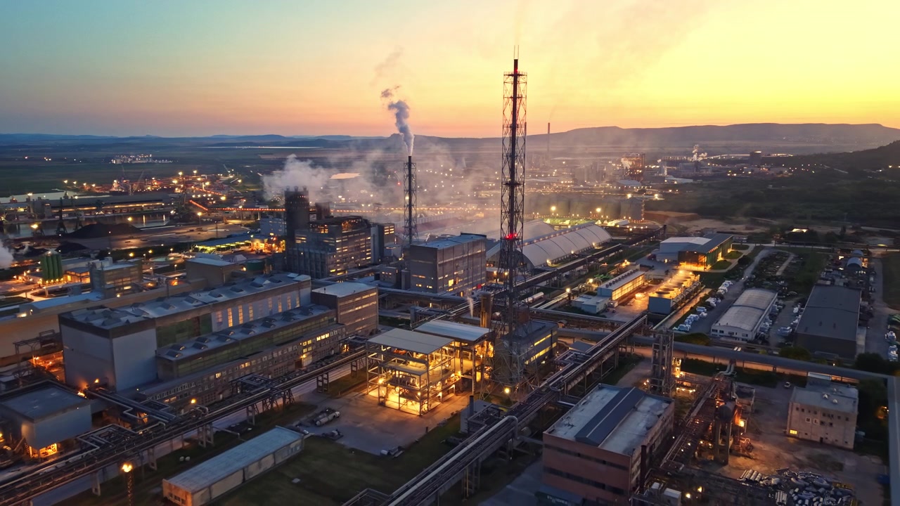 Sunset view of a large industrial complex with smoke and lights in the background