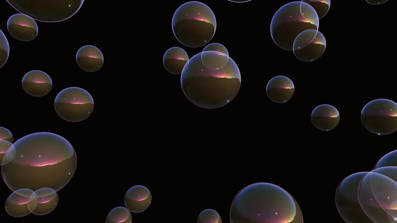 Transparent iridescent soap bubbles drift slowly across a black background with organic movement and reflections