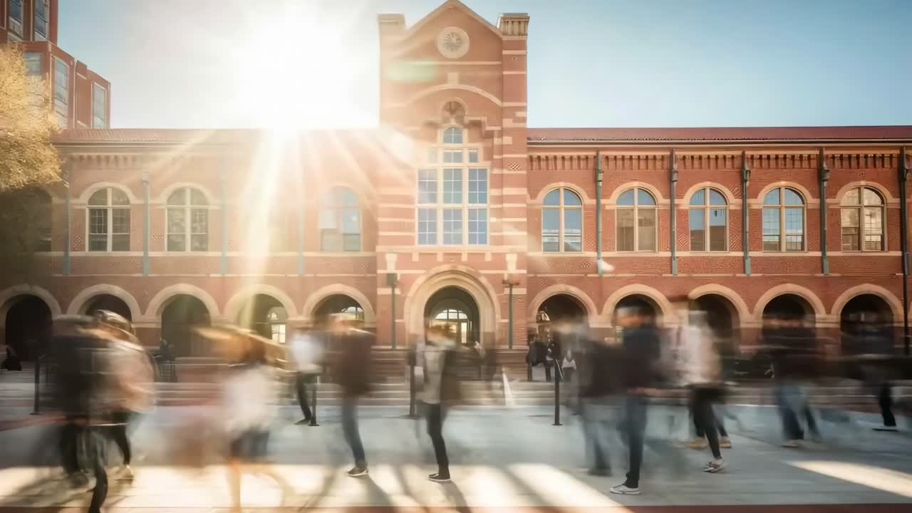 Time-lapse video of people walking past a historic brick building, captured from a low angle