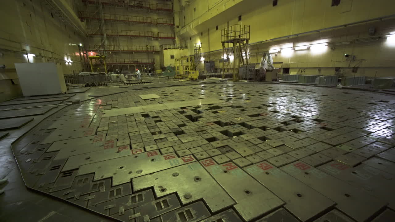 Inside The Reactor Hall Of Unit 2, Chernobyl Nuclear Power Plant In Ukraine. Tilt-down Shot