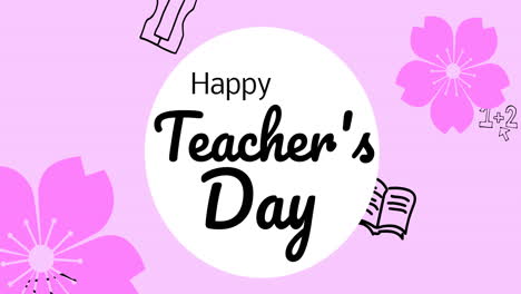 animation of happy teacher's day text over school items icons on pink background