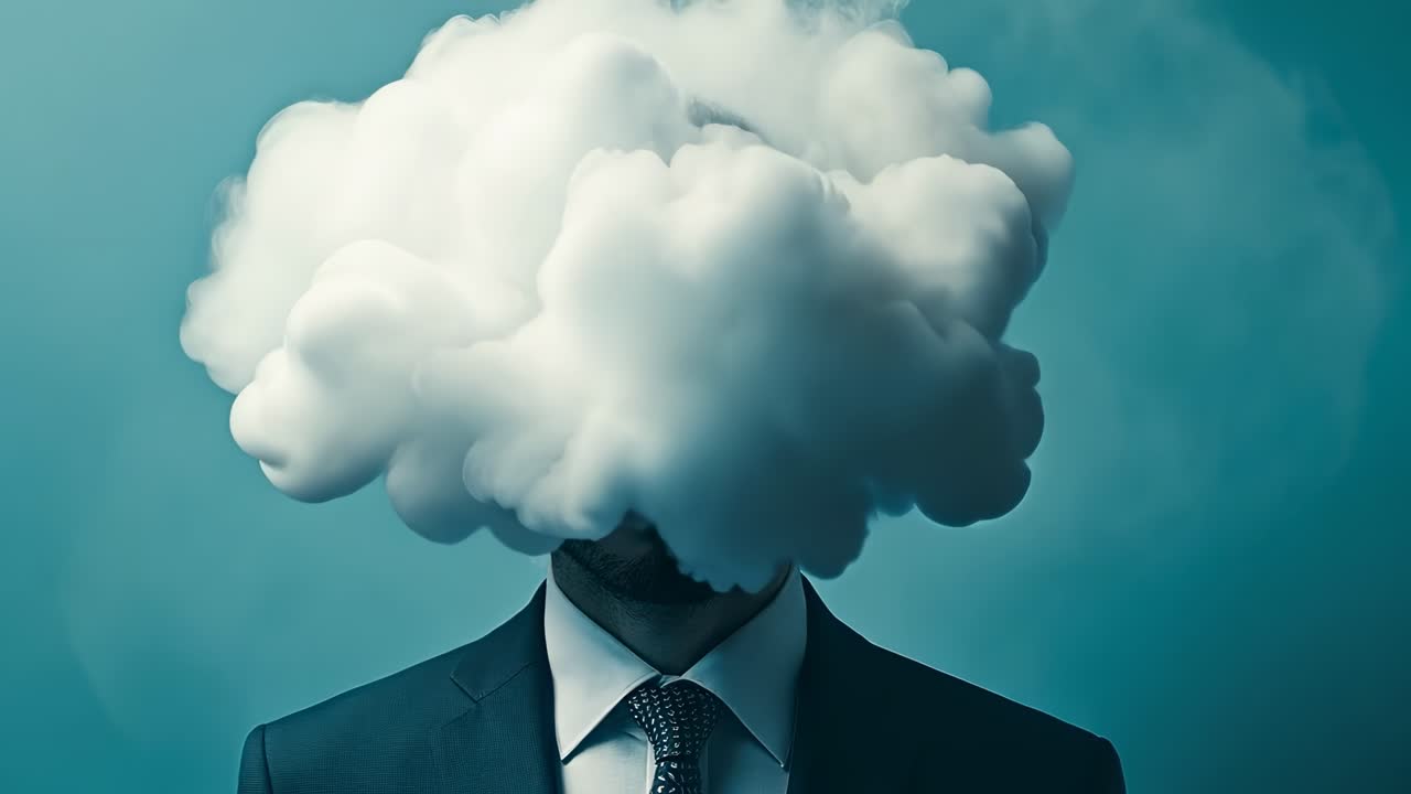 Concept vidéo surréaliste d’un homme en costume avec un nuage obscurcissant son visage