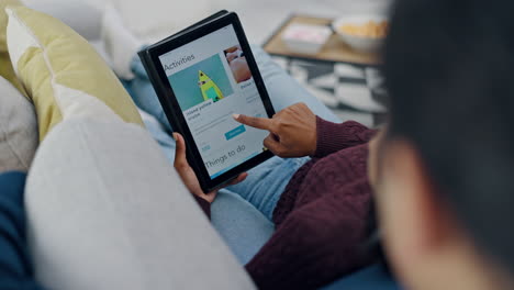 Couple-hands,-sofa-and-tablet-for-holiday