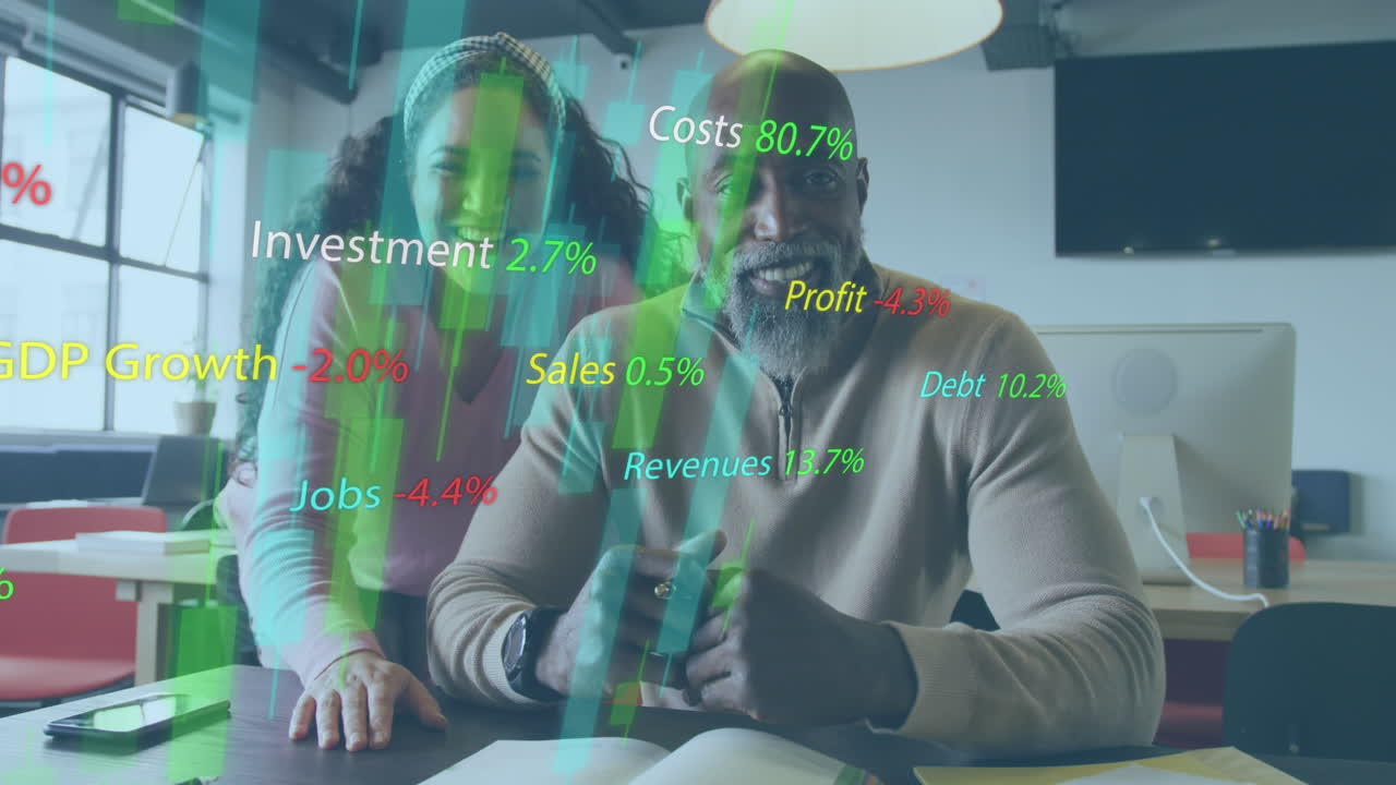 Animering av finansiell databehandling över diverse affärspersoner som ler på kontoret