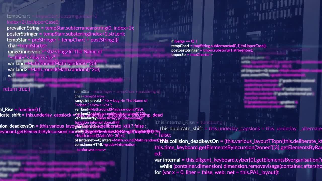 animación del lenguaje informático y los códigos binarios en los racks de servidores de datos en la sala de servidores