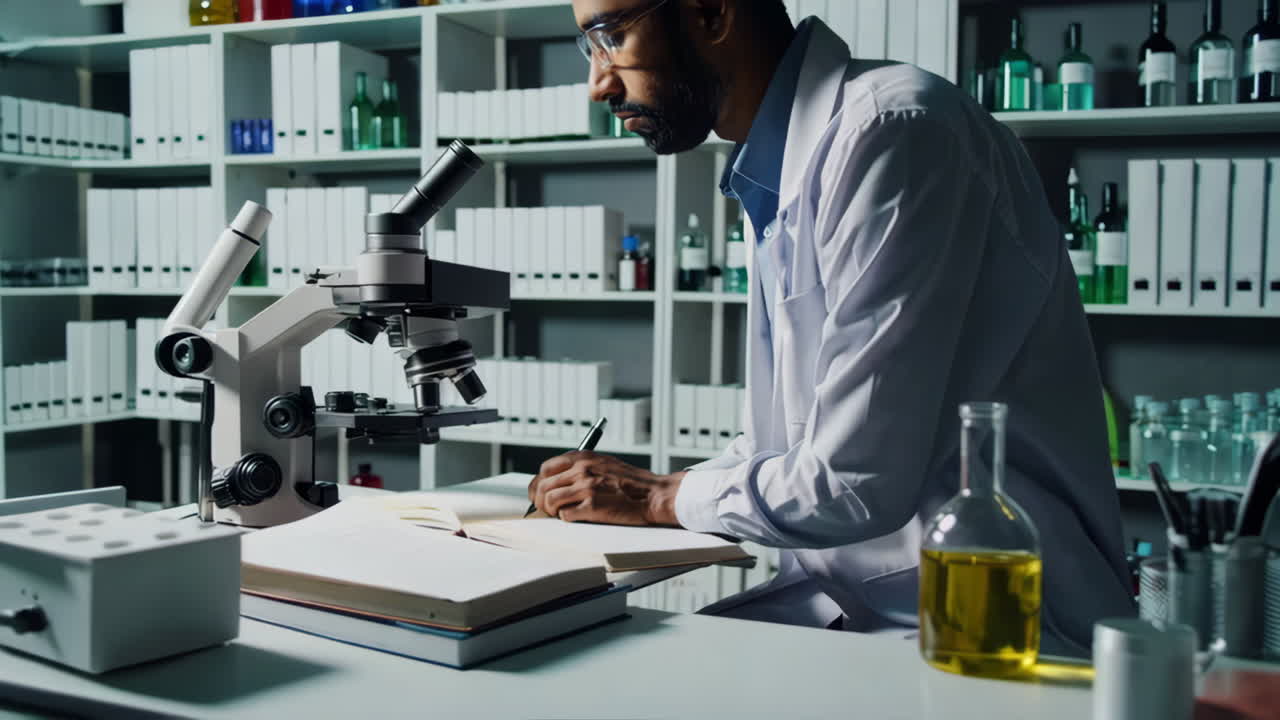 Scientist writing notes in a laboratory with a microscope