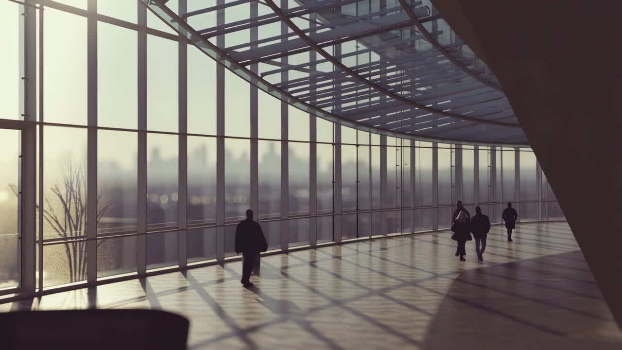 Persone che camminano in un moderno corridoio di vetro con vista sulla città