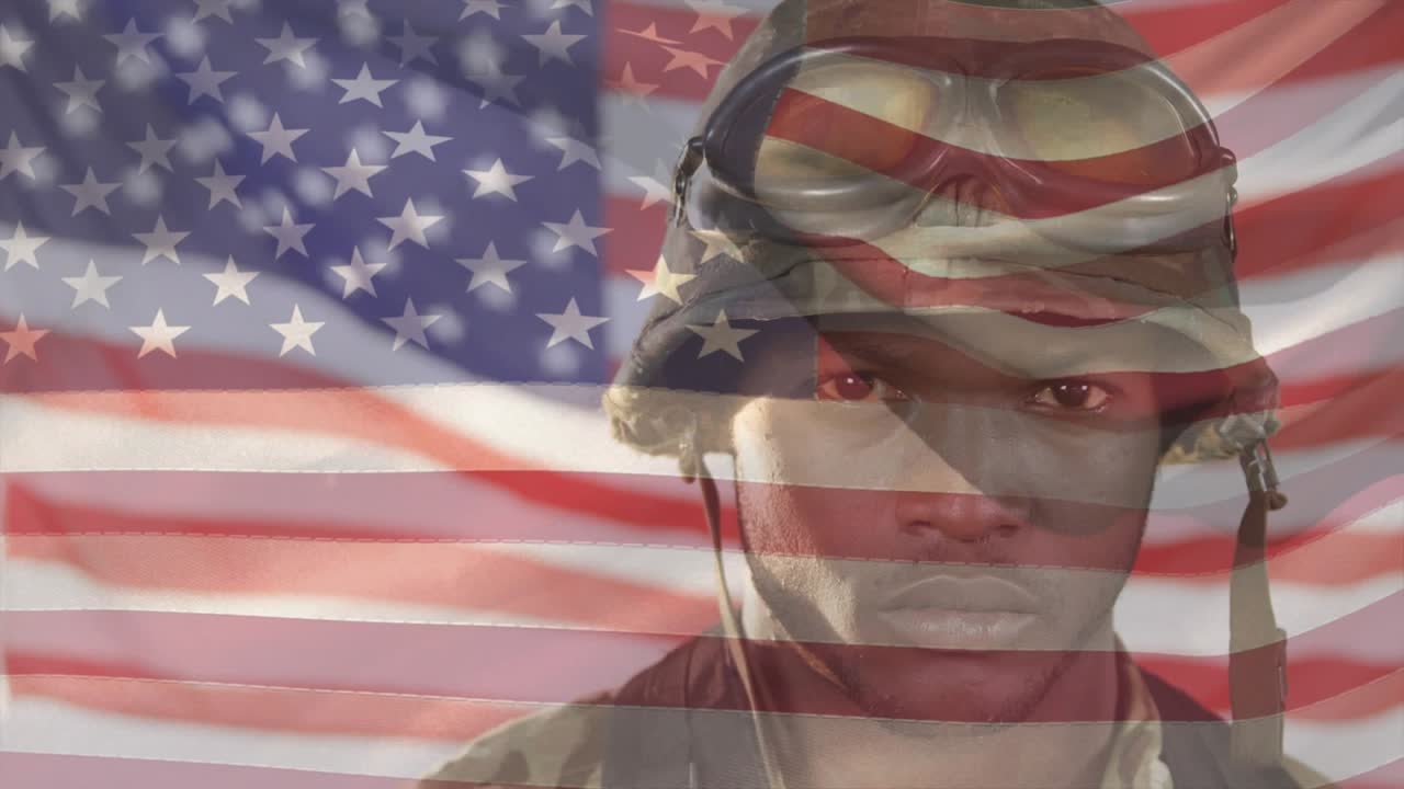 Soldier adjusting strap, camera pulling back revealing face, flag overlay waving, honoring military