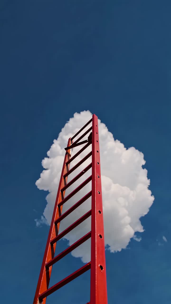 A red ladder reaching towards a cloud, shot from a low angle, creating a surreal video concept