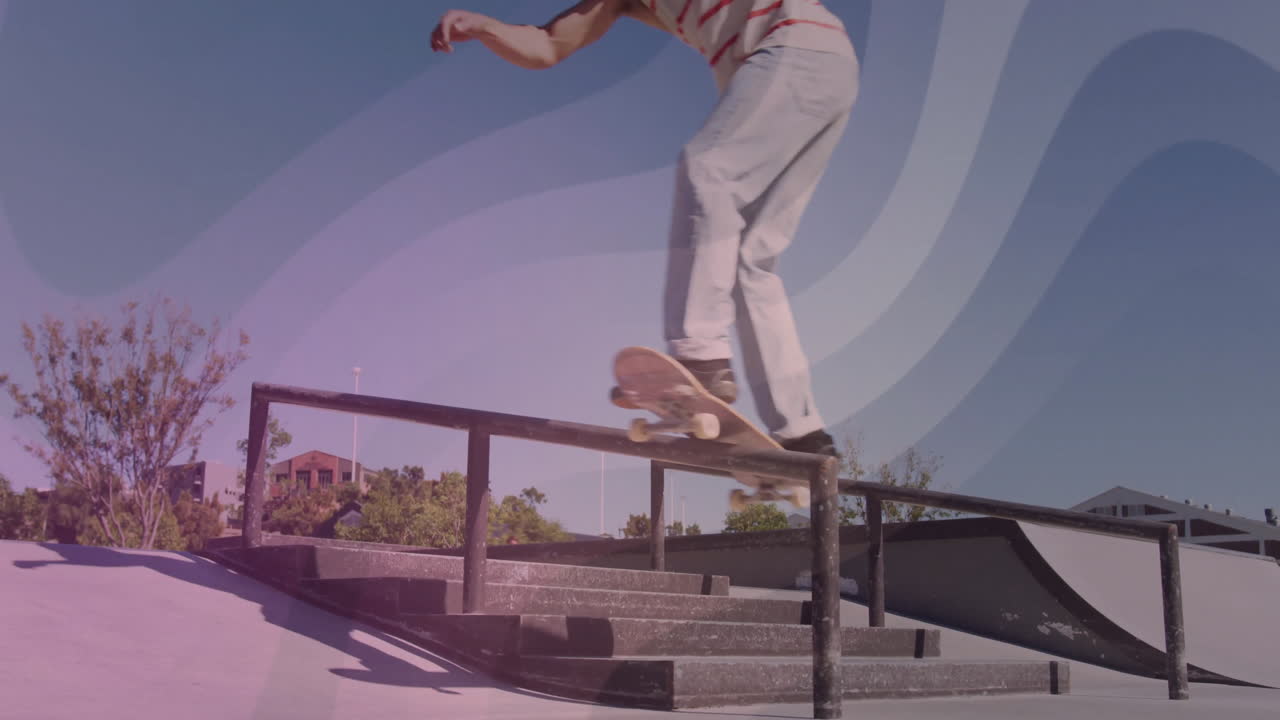 Male skateboarder grinding metal rail at skatepark, showcasing technology with floating data charts