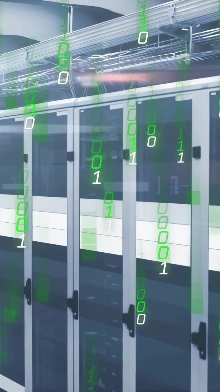 Vertical video: Server racks idling as green binary starting top-down showing data center flow
